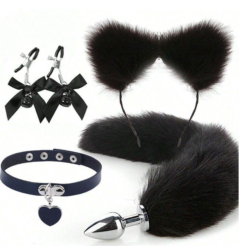 Lot de 4 jouets anaux, plug anal queue de renard, serre-tête oreilles de chat en peluche sexy avec collier, pinces à tétons de massage avec nœud et clochette, jouets sexuels pour femmes et couples, cosplay, produits sexy pour adultes, plug anal SM