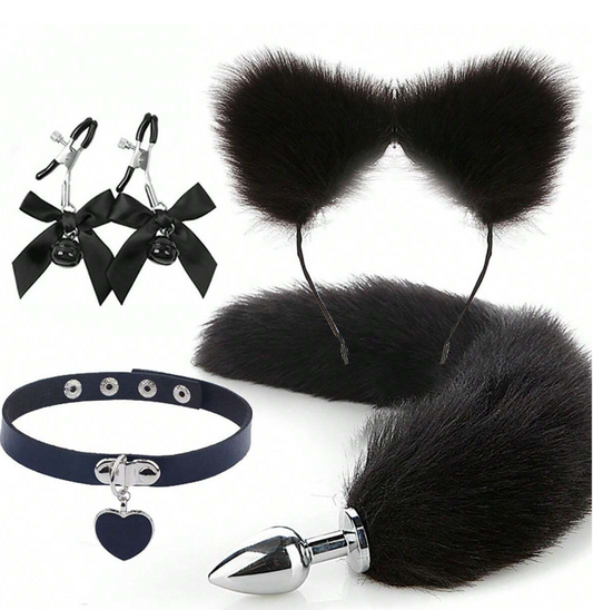 Lot de 4 jouets anaux, plug anal queue de renard, serre-tête oreilles de chat en peluche sexy avec collier, pinces à tétons de massage avec nœud et clochette, jouets sexuels pour femmes et couples, cosplay, produits sexy pour adultes, plug anal SM